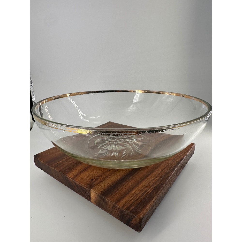 Vintage Clear Glass Floral Embossed Serving Bowl Gold Rim 11 Inch Centerpiece